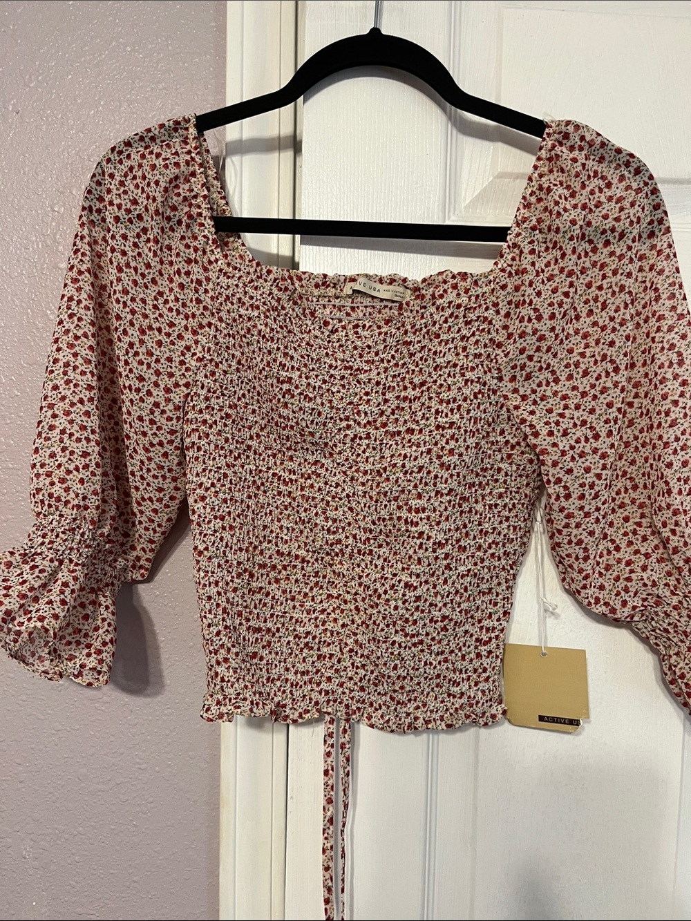 Active USA Red Floral Smocked Crop Top